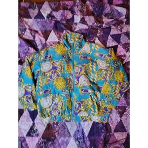 Vintage 80s EVR Track Top Jacket Women's XL Blue AOP Retro‎ 100% Silk Zip Up